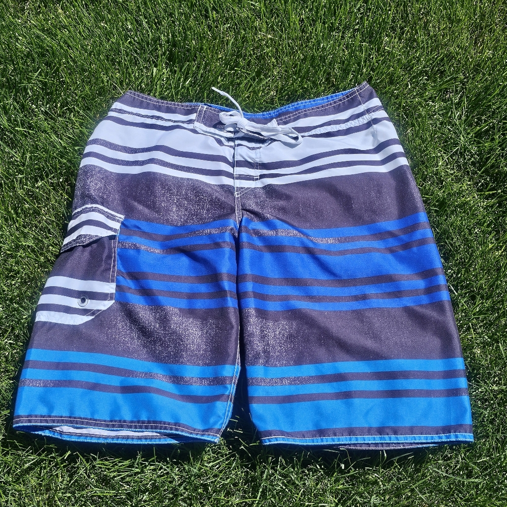 Men's Blue Gear Multi Color Striped Swim Trunks Size 30